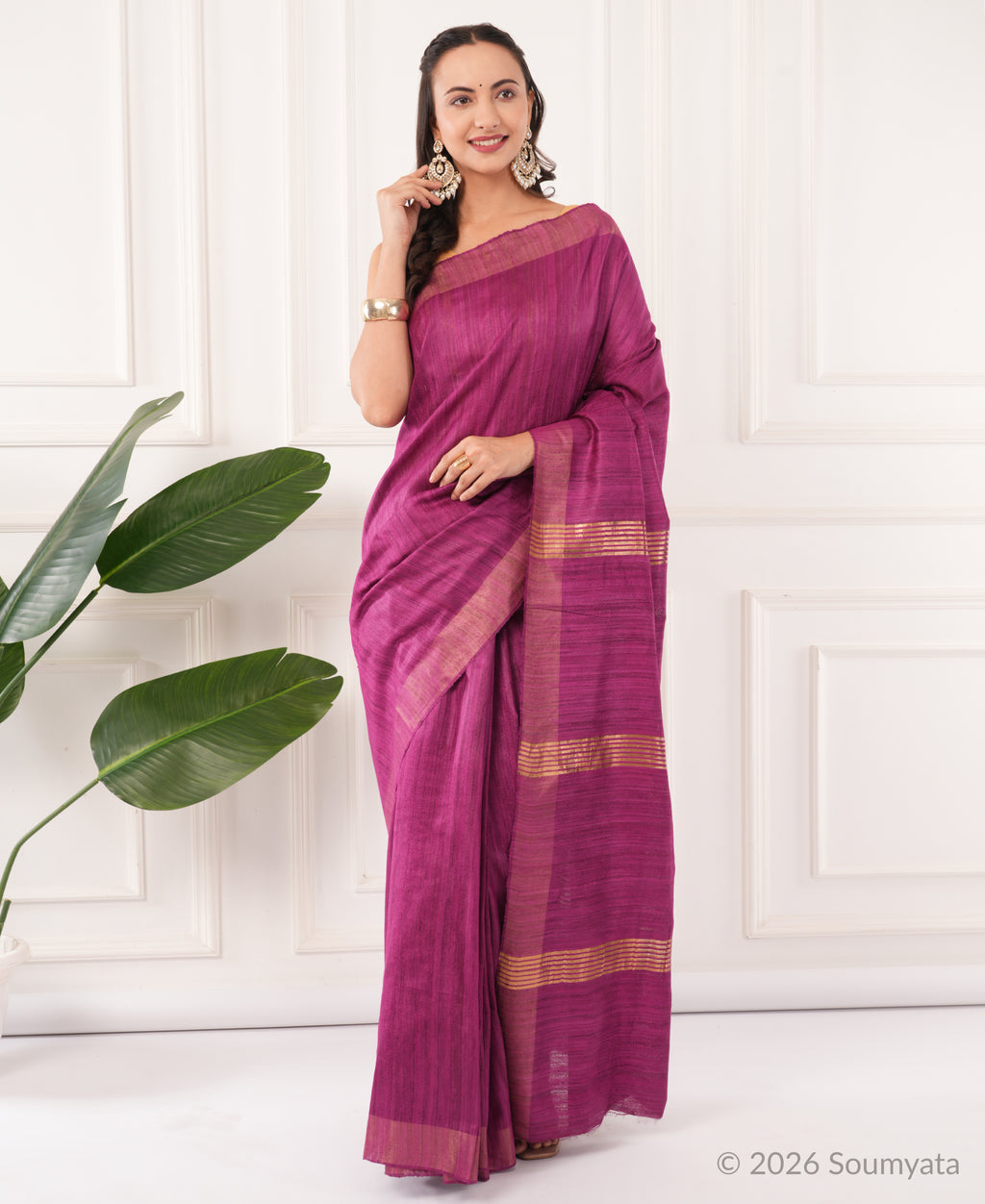 Magenta Purple Tussar Ghicha Silk Saree with Gold Zari Border – Bhagalpuri