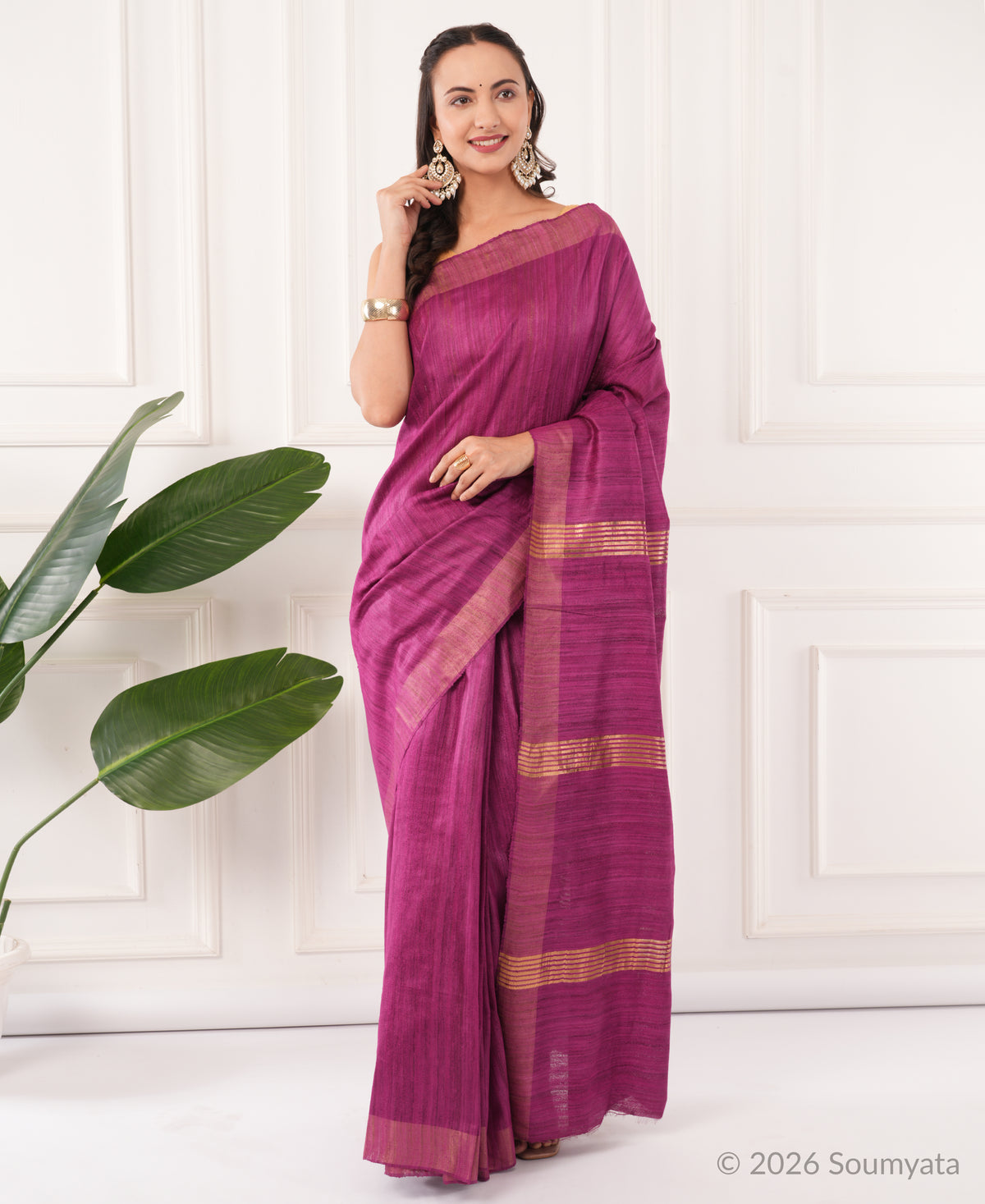 Magenta Purple Tussar Ghicha Silk Saree with Gold Zari Border – Bhagalpuri