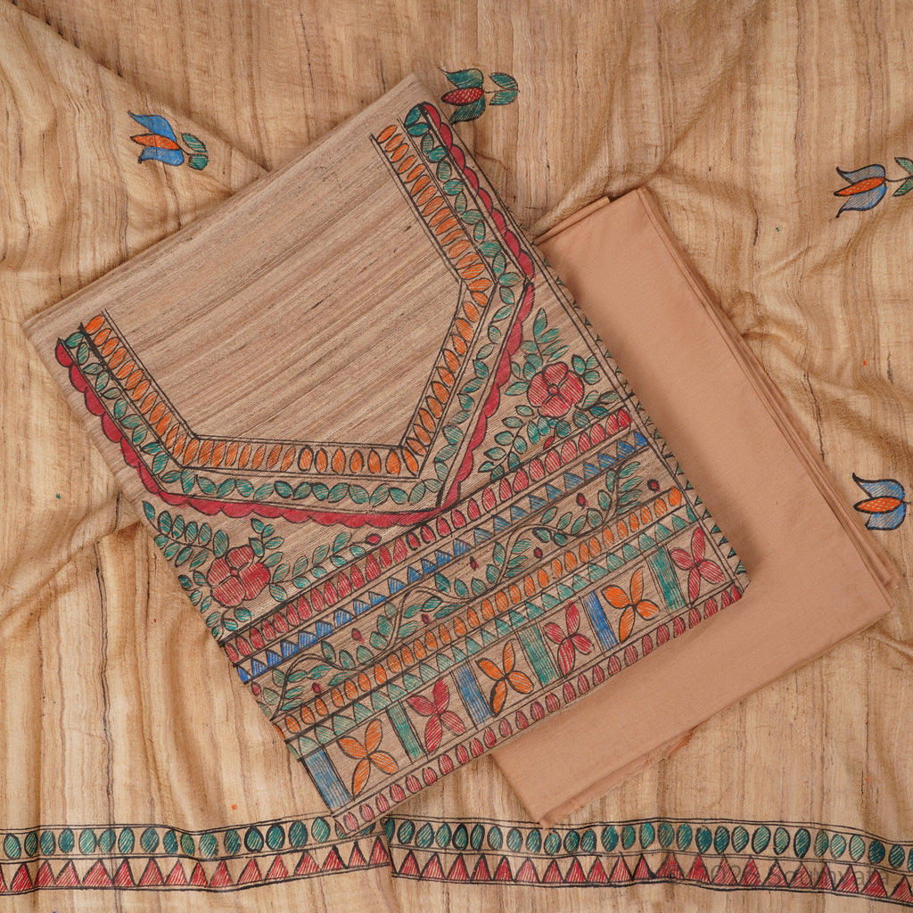Beige Hand Painted Madhubani Tussar Ghicha Silk Unstitched Suit – Bhagalpuri
