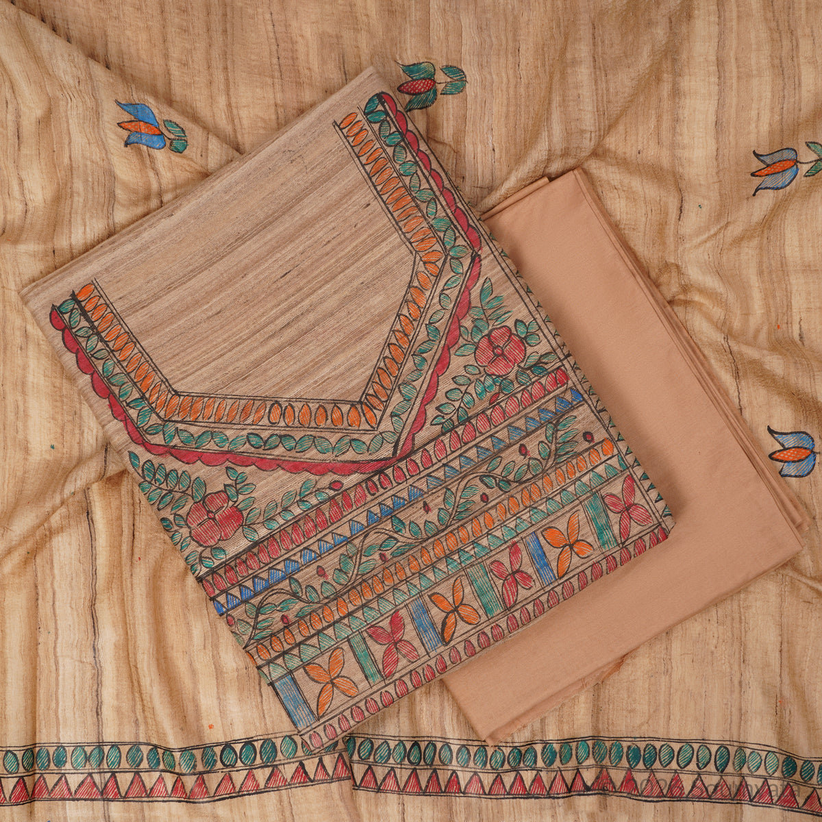 Beige Hand Painted Madhubani Tussar Ghicha Silk Unstitched Suit – Bhagalpuri