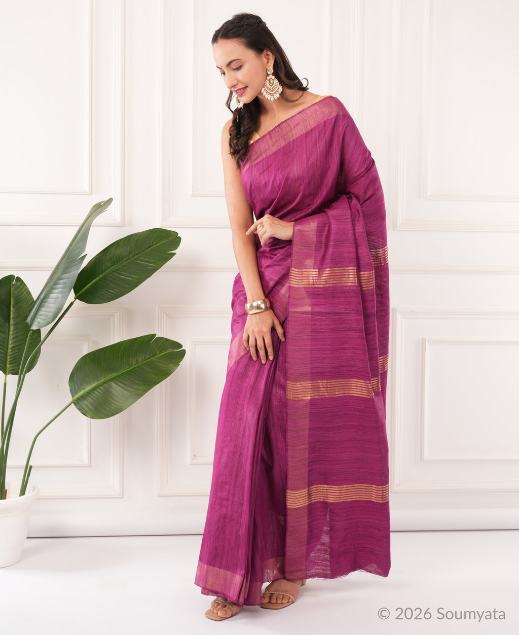 Magenta Purple Tussar Ghicha Silk Saree with Gold Zari Border – Bhagalpuri
