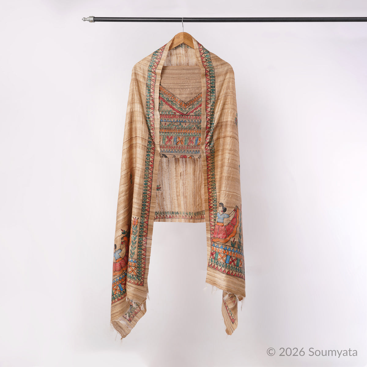Beige Hand Painted Madhubani Tussar Ghicha Silk Unstitched Suit – Bhagalpuri