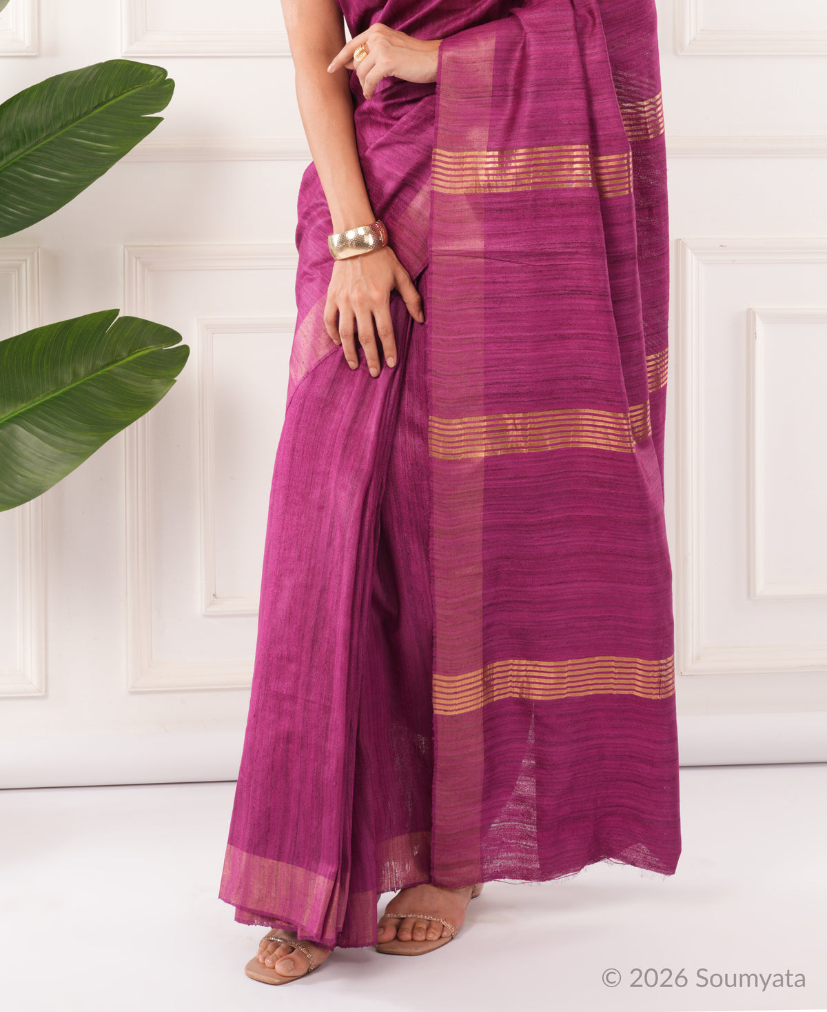 Magenta Purple Tussar Ghicha Silk Saree with Gold Zari Border – Bhagalpuri