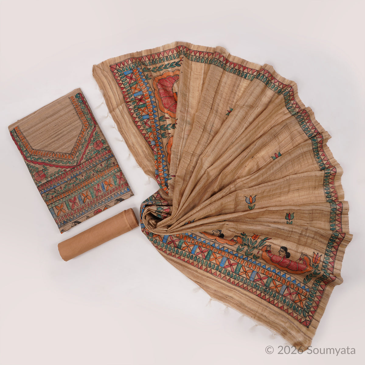 Beige Hand Painted Madhubani Tussar Ghicha Silk Unstitched Suit – Bhagalpuri