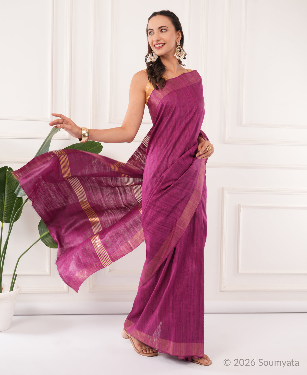 Magenta Purple Tussar Ghicha Silk Saree with Gold Zari Border – Bhagalpuri