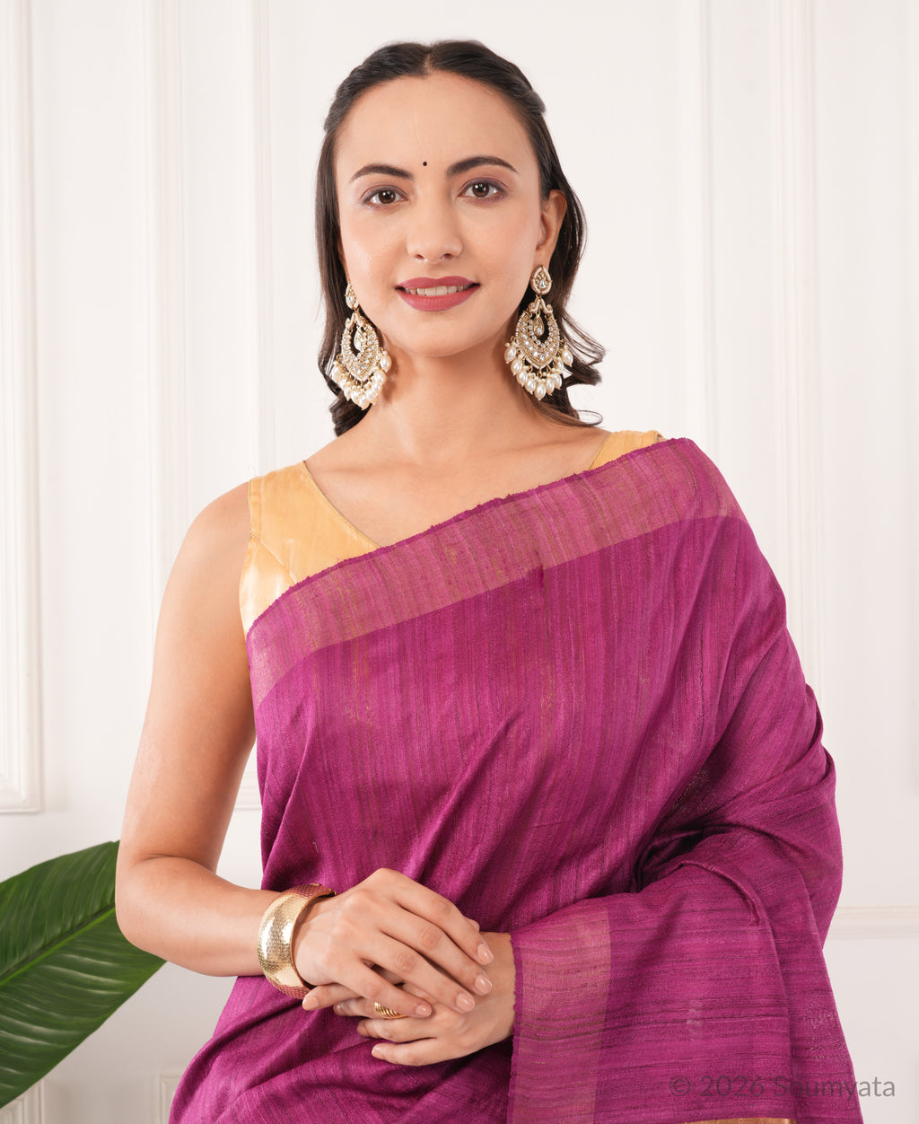 Magenta Purple Tussar Ghicha Silk Saree with Gold Zari Border – Bhagalpuri