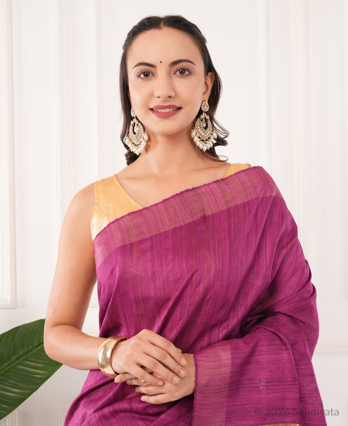 Magenta Purple Tussar Ghicha Silk Saree with Gold Zari Border – Bhagalpuri