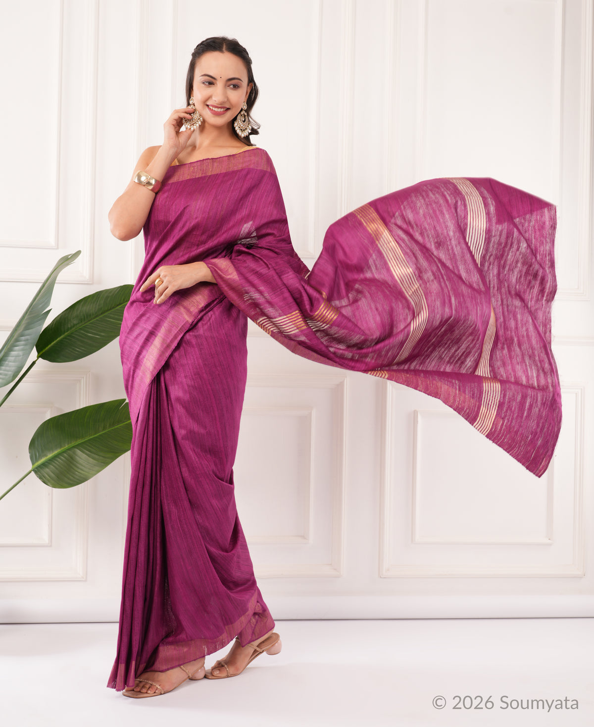 Magenta Purple Tussar Ghicha Silk Saree with Gold Zari Border – Bhagalpuri