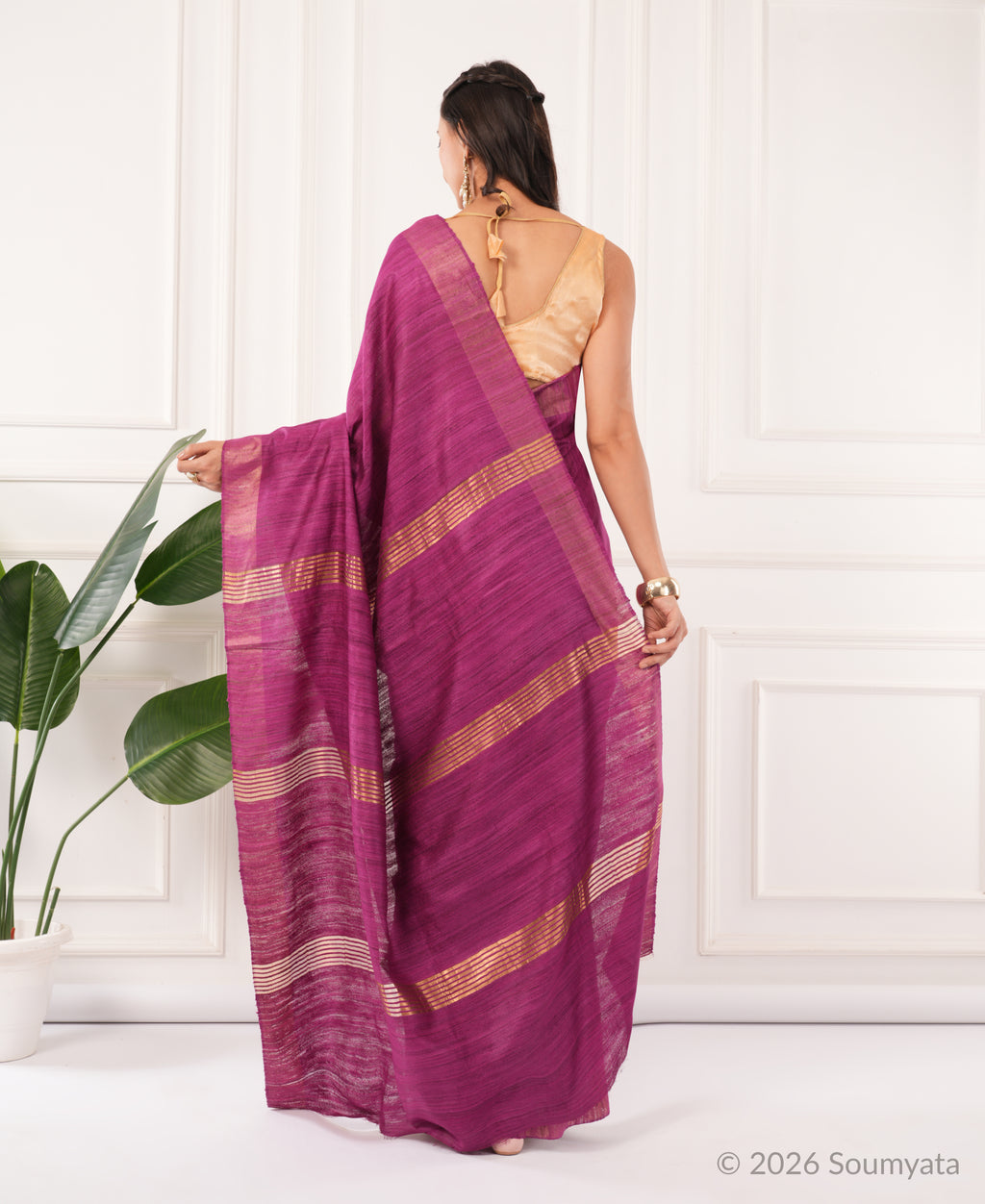 Magenta Purple Tussar Ghicha Silk Saree with Gold Zari Border – Bhagalpuri