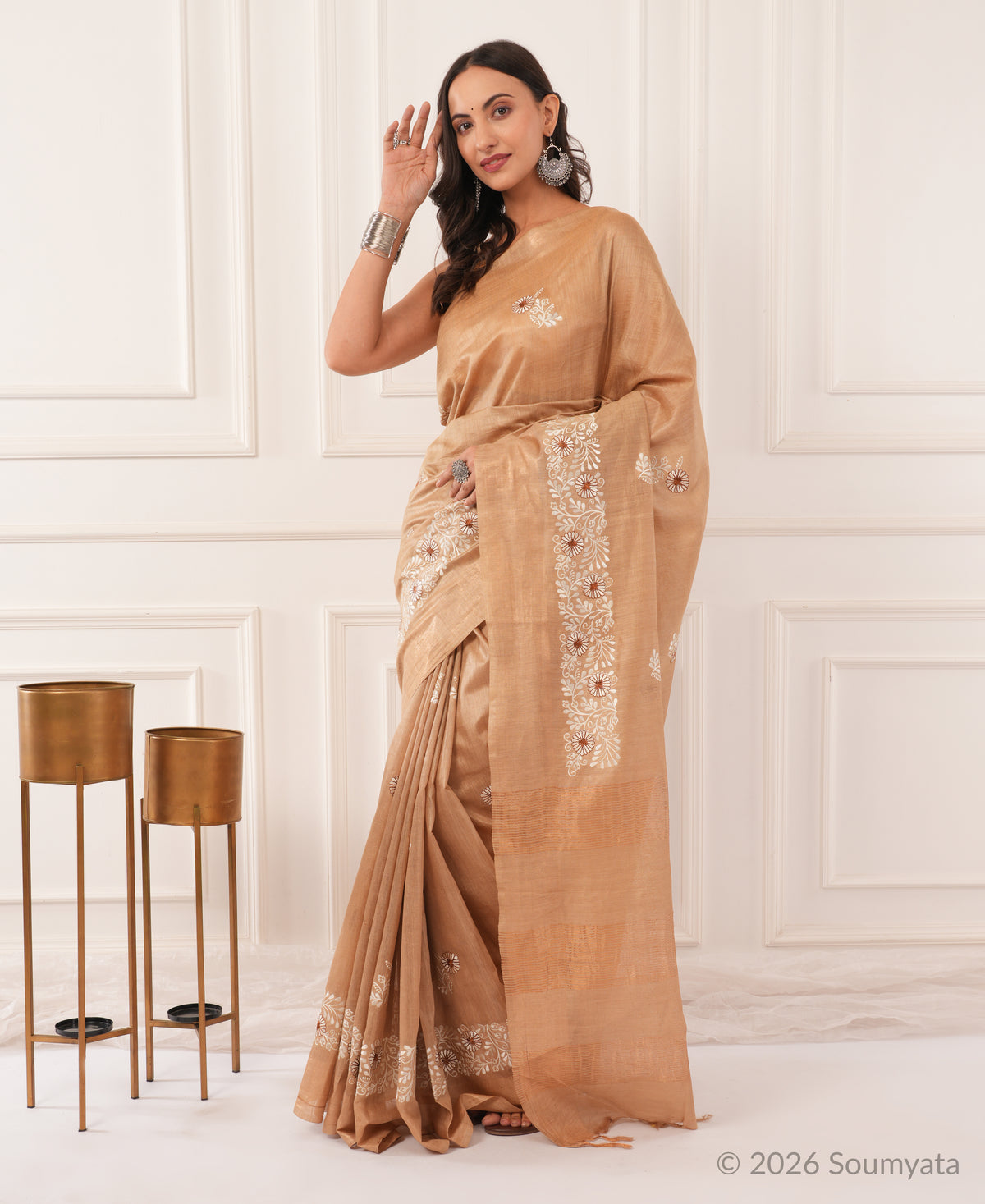 Beige Embroidered Silk Saree with Gold Zari Border – Bhagalpuri Handloom