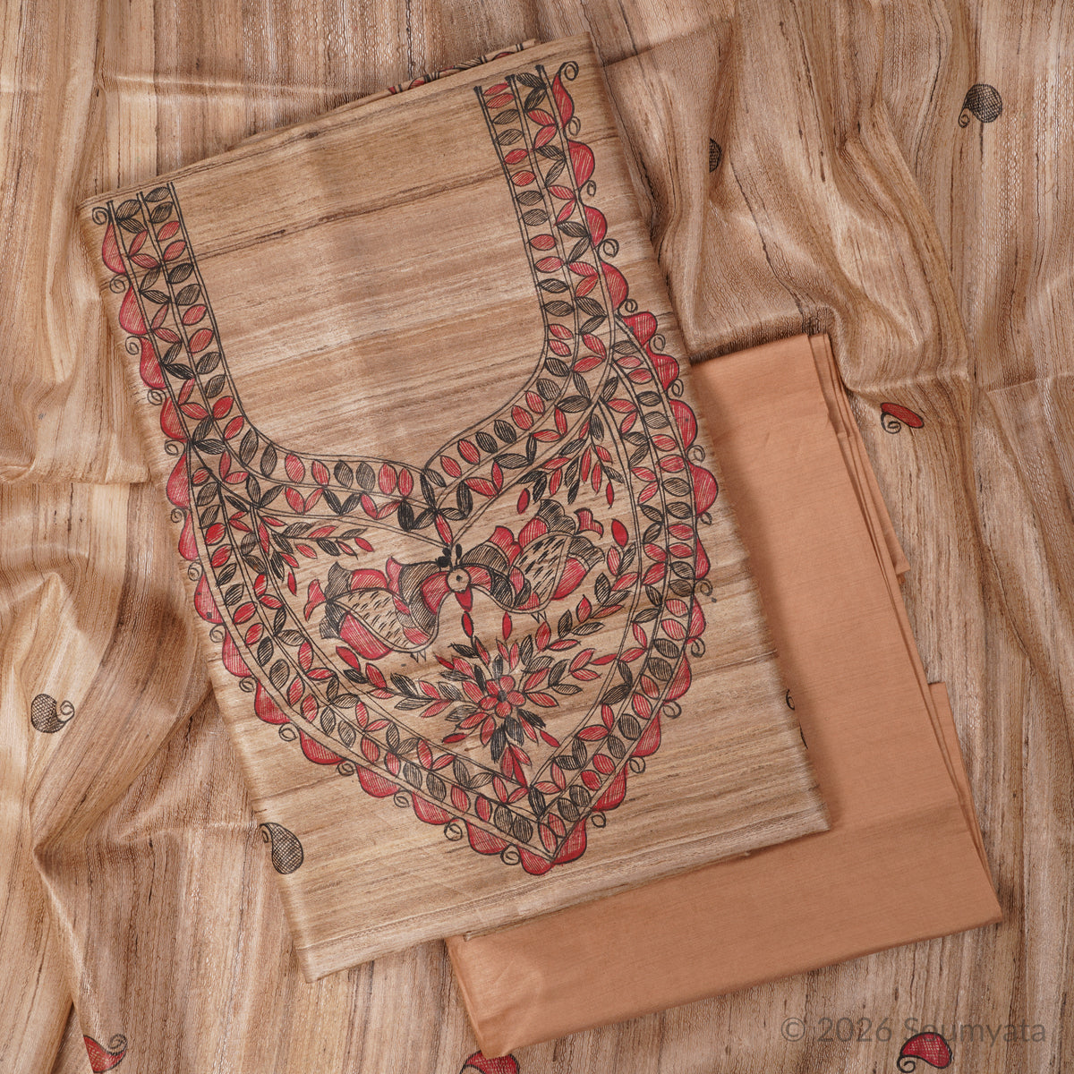 Beige & Red Hand Painted Madhubani Tussar Ghicha Silk Unstitched Suit