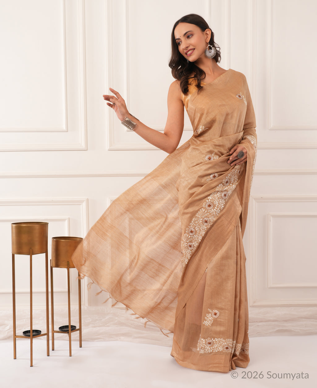 Beige Embroidered Silk Saree with Gold Zari Border – Bhagalpuri Handloom