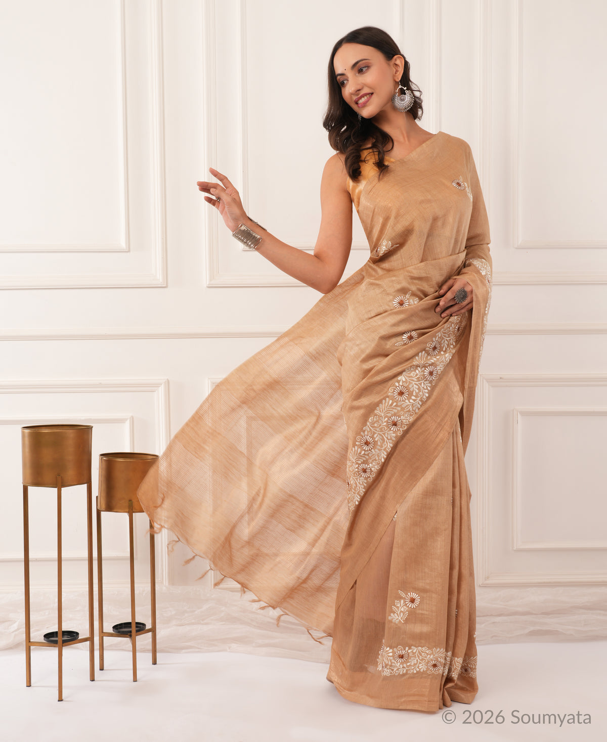 Beige Embroidered Silk Saree with Gold Zari Border – Bhagalpuri Handloom