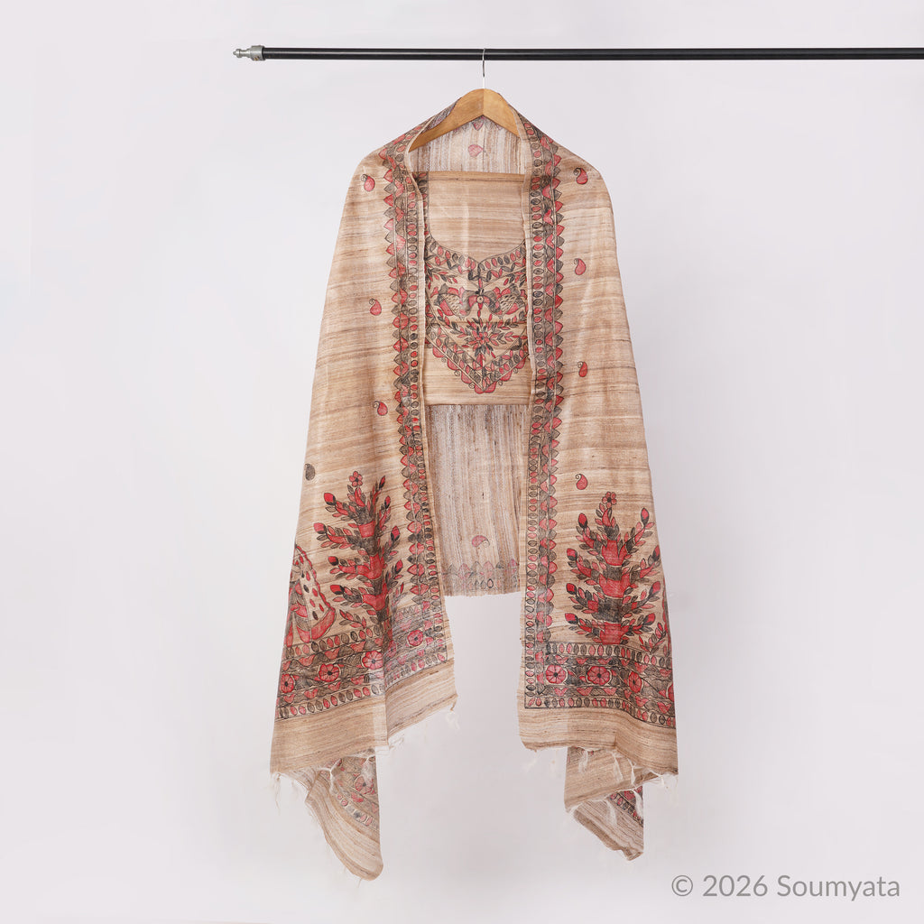 Beige & Red Hand Painted Madhubani Tussar Ghicha Silk Unstitched Suit