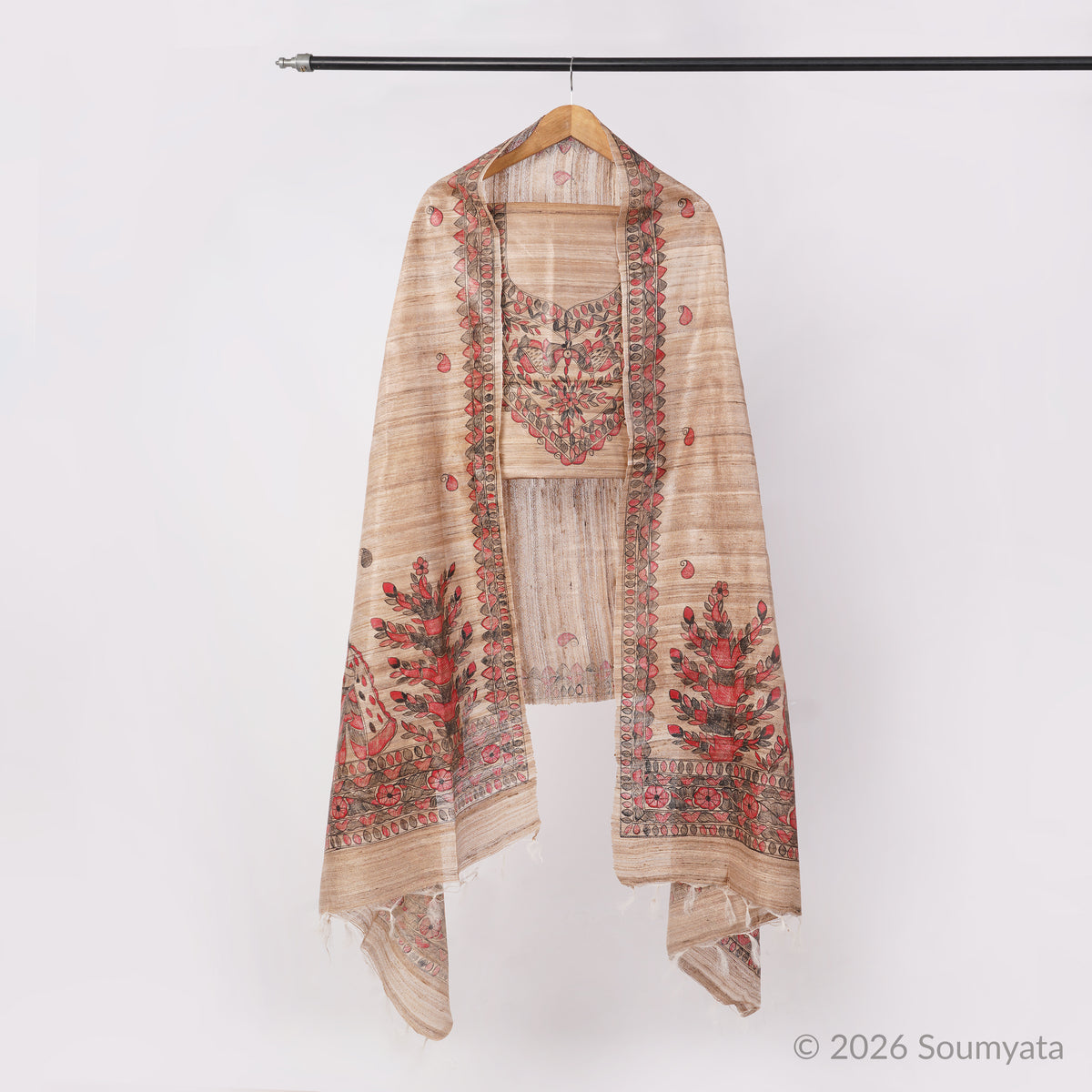 Beige & Red Hand Painted Madhubani Tussar Ghicha Silk Unstitched Suit