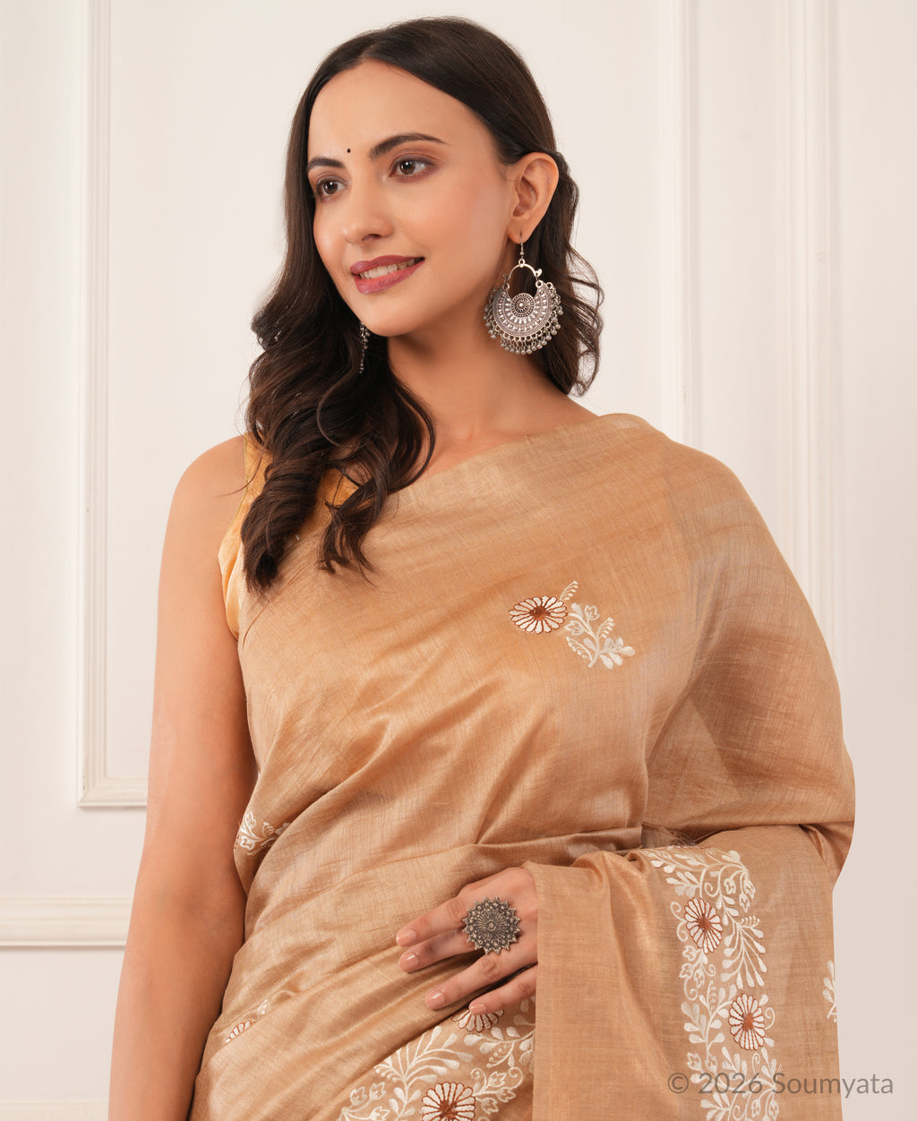 Beige Embroidered Silk Saree with Gold Zari Border – Bhagalpuri Handloom