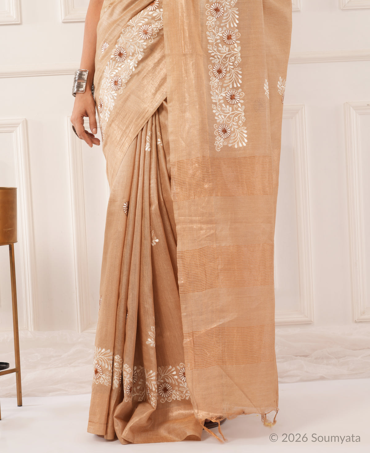 Beige Embroidered Silk Saree with Gold Zari Border – Bhagalpuri Handloom