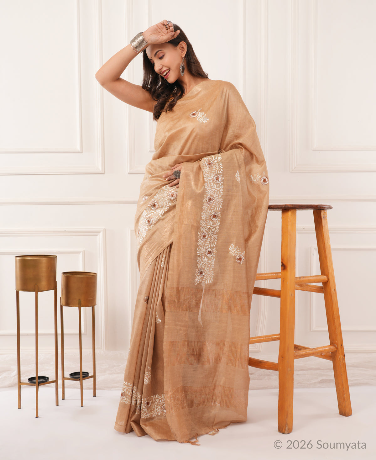 Beige Embroidered Silk Saree with Gold Zari Border – Bhagalpuri Handloom