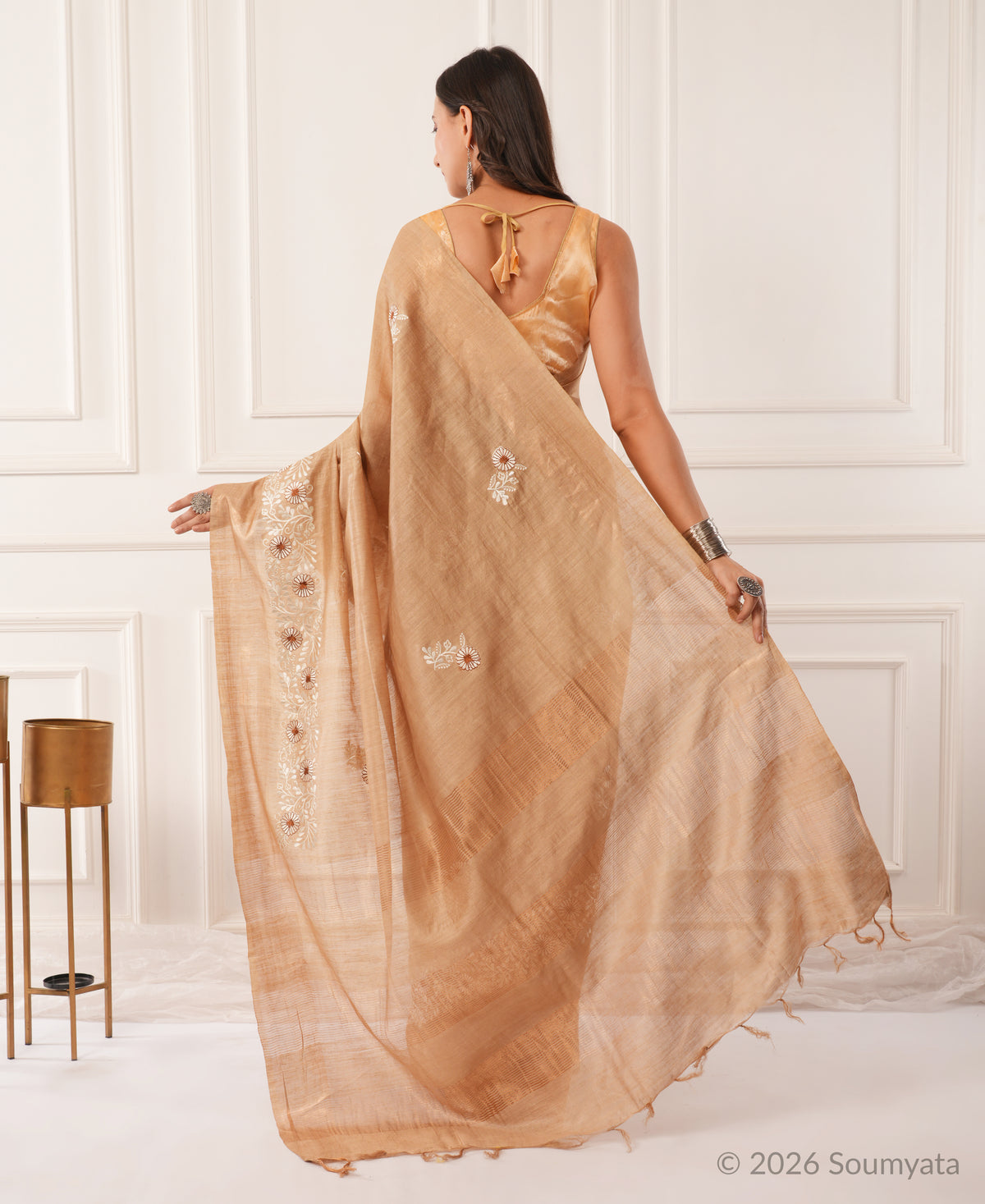 Beige Embroidered Silk Saree with Gold Zari Border – Bhagalpuri Handloom