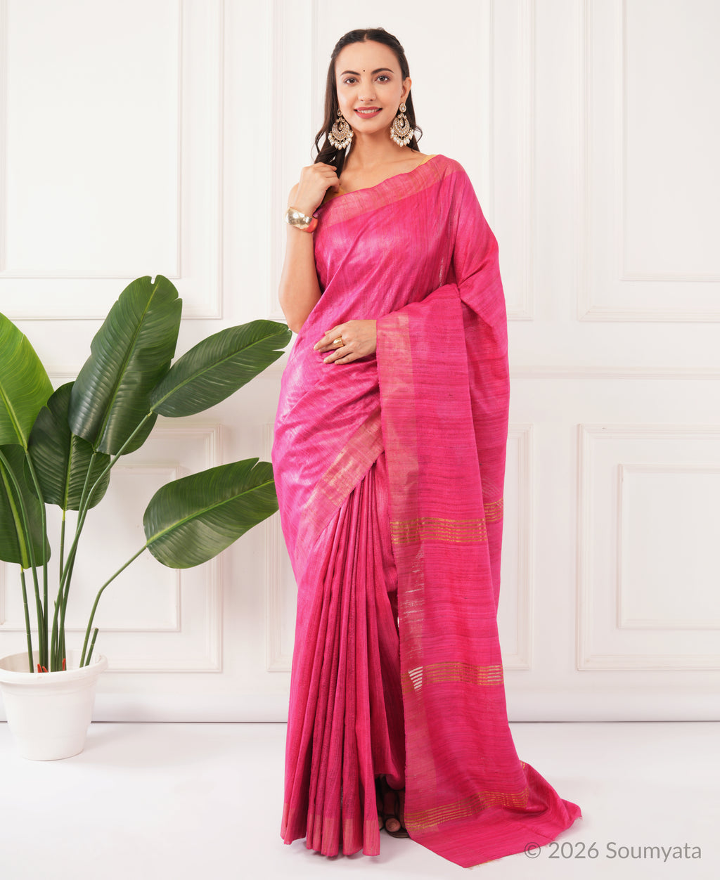Magenta Tussar Ghicha Silk Saree with Gold Zari Border – Bhagalpuri Handloom