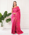 Magenta Tussar Ghicha Silk Saree with Gold Zari Border – Bhagalpuri Handloom