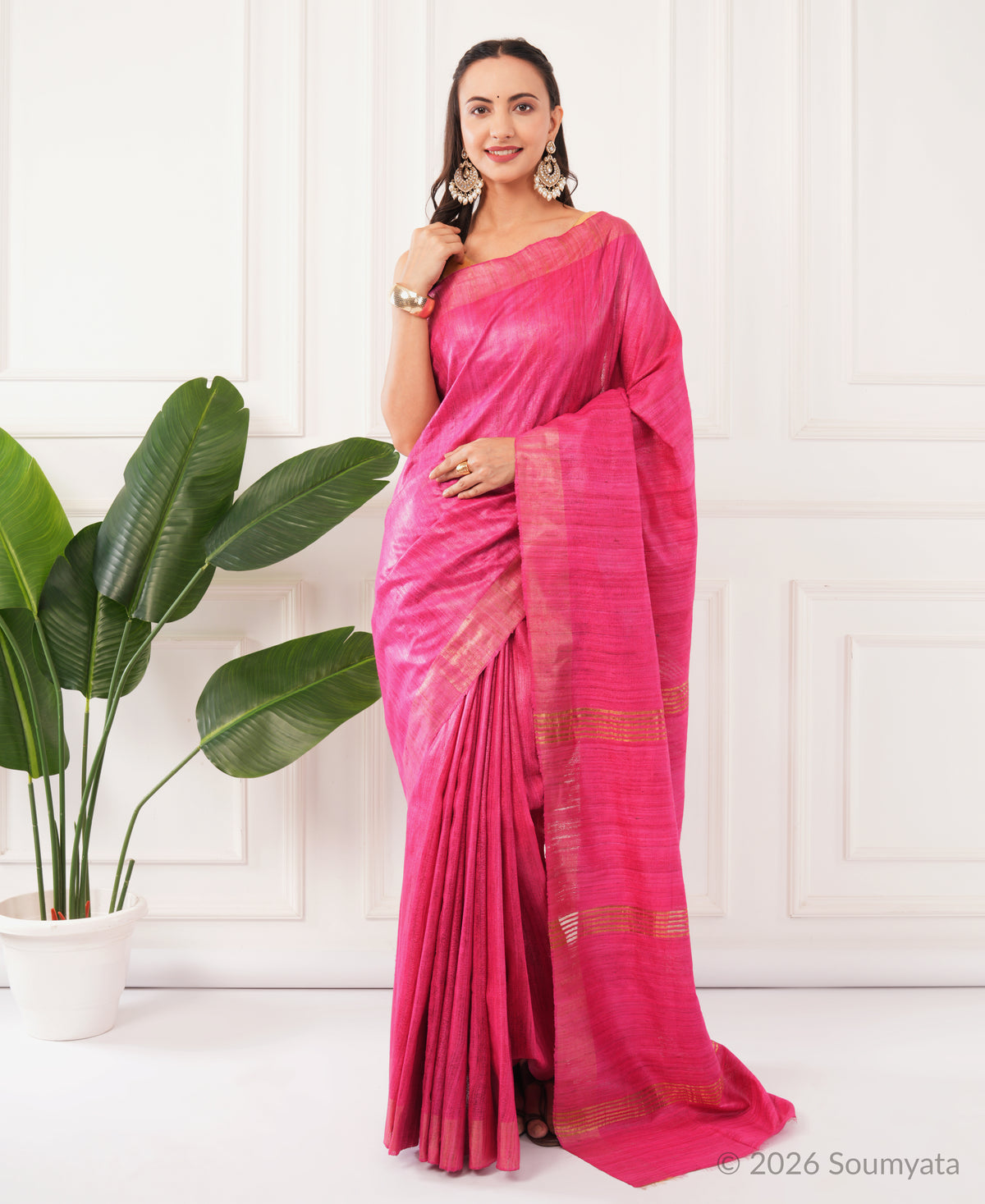 Magenta Tussar Ghicha Silk Saree with Gold Zari Border – Bhagalpuri Handloom
