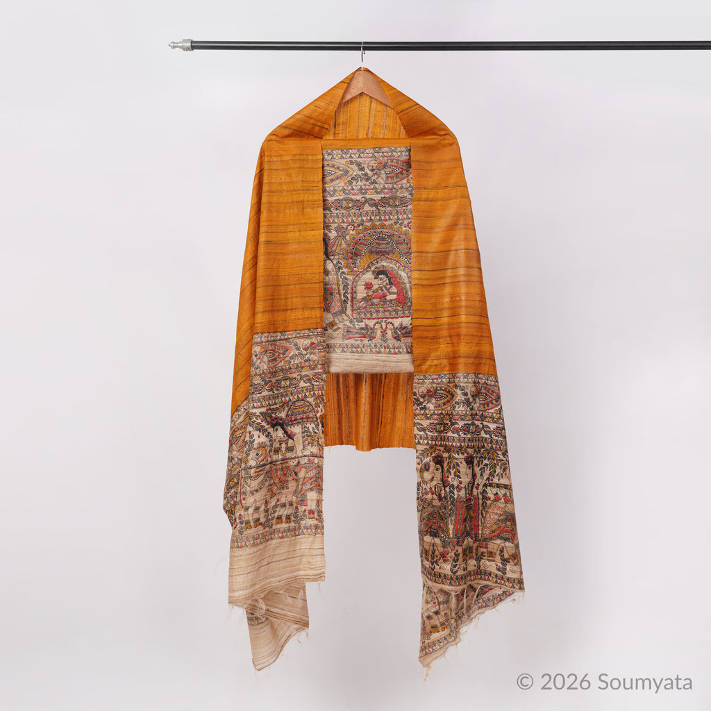 Marigold & Beige Madhubani Print Tussar Ghicha Silk Unstitched Suit