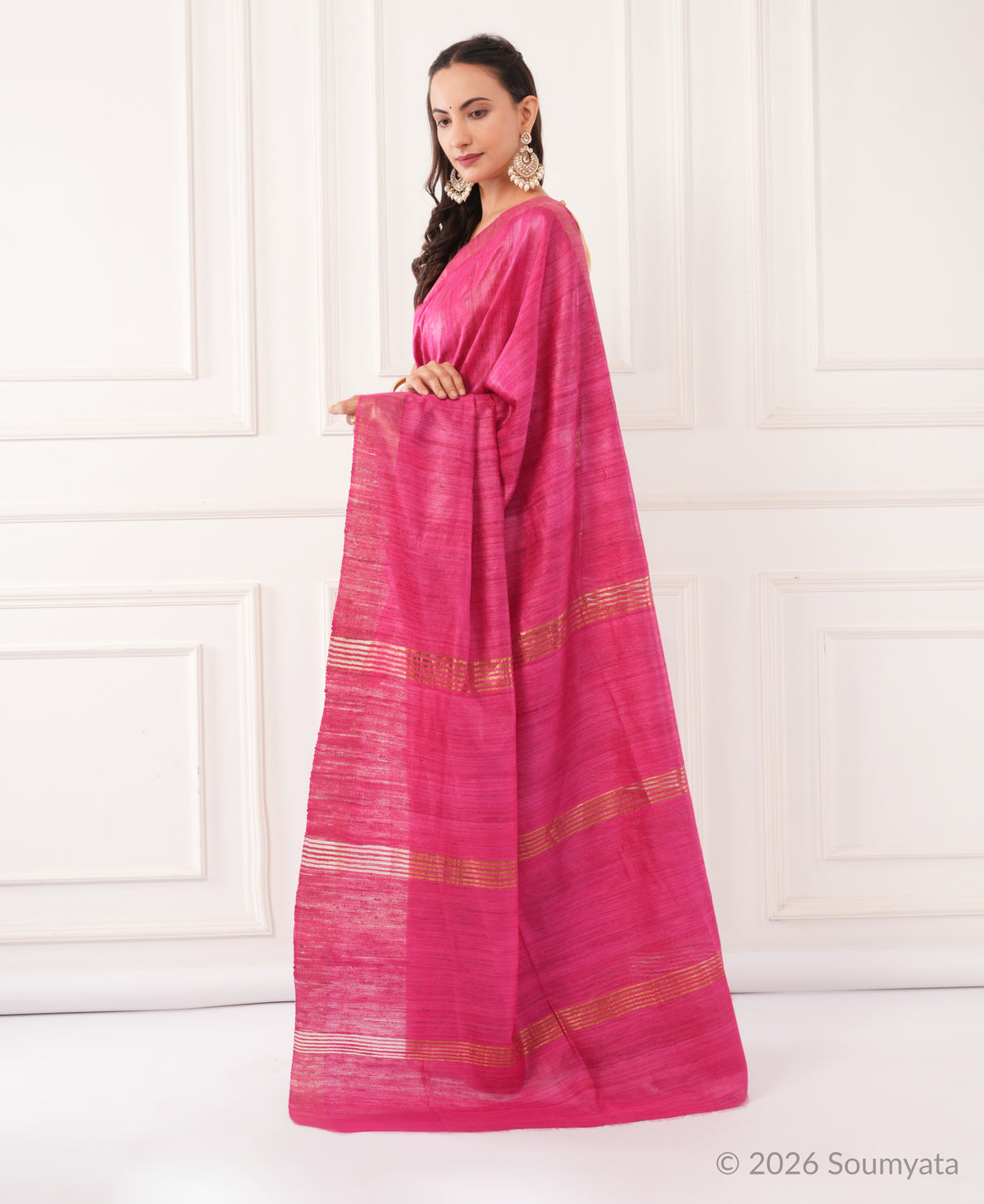 Magenta Tussar Ghicha Silk Saree with Gold Zari Border – Bhagalpuri Handloom