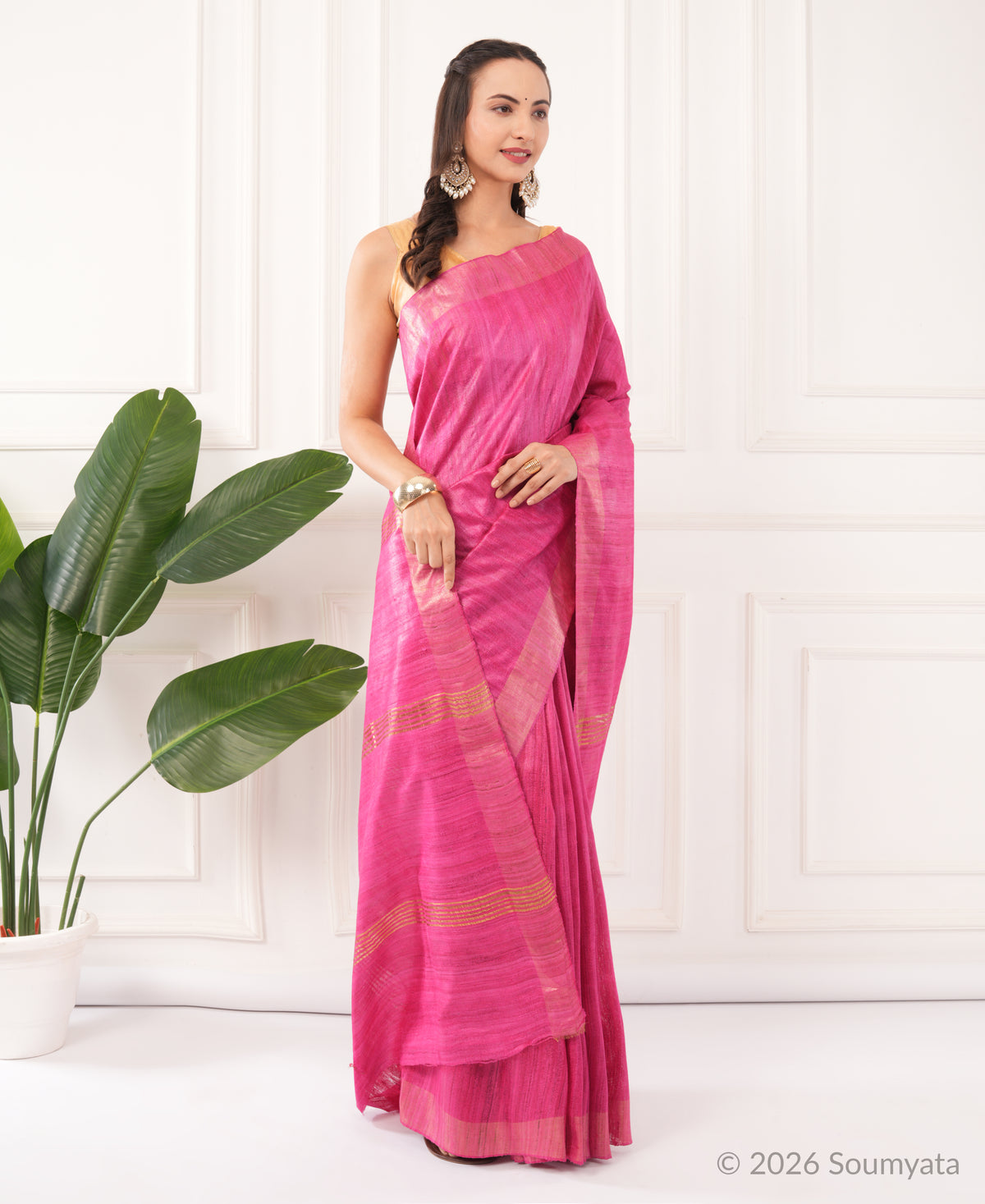 Magenta Tussar Ghicha Silk Saree with Gold Zari Border – Bhagalpuri Handloom