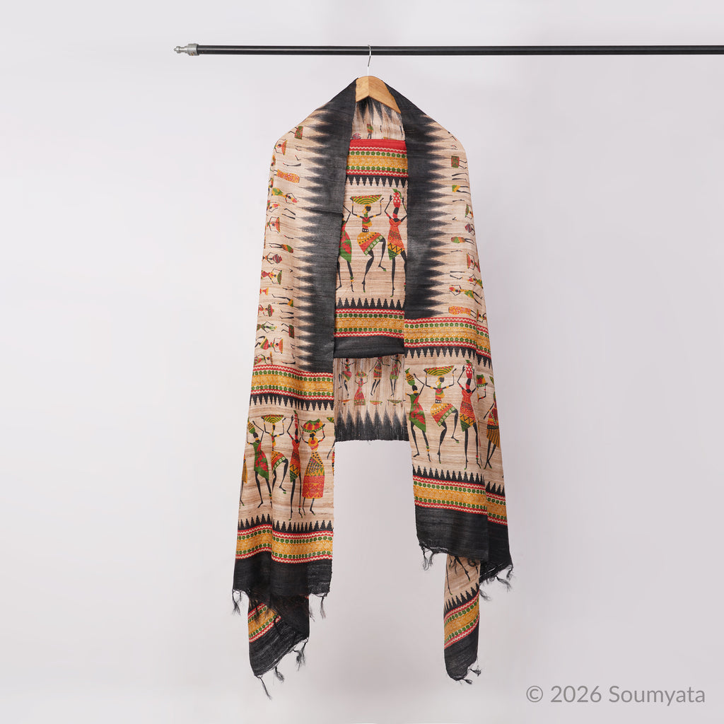 Beige Tribal Art Print Tussar Ghicha Silk Unstitched Suit with Black Border