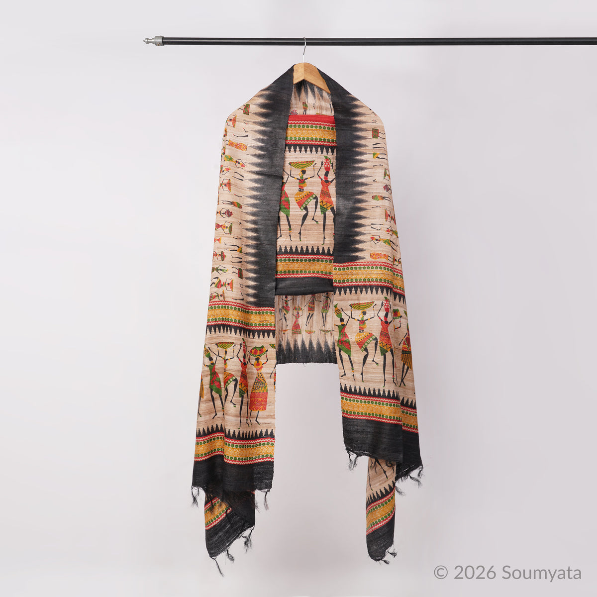 Beige Tribal Art Print Tussar Ghicha Silk Unstitched Suit with Black Border