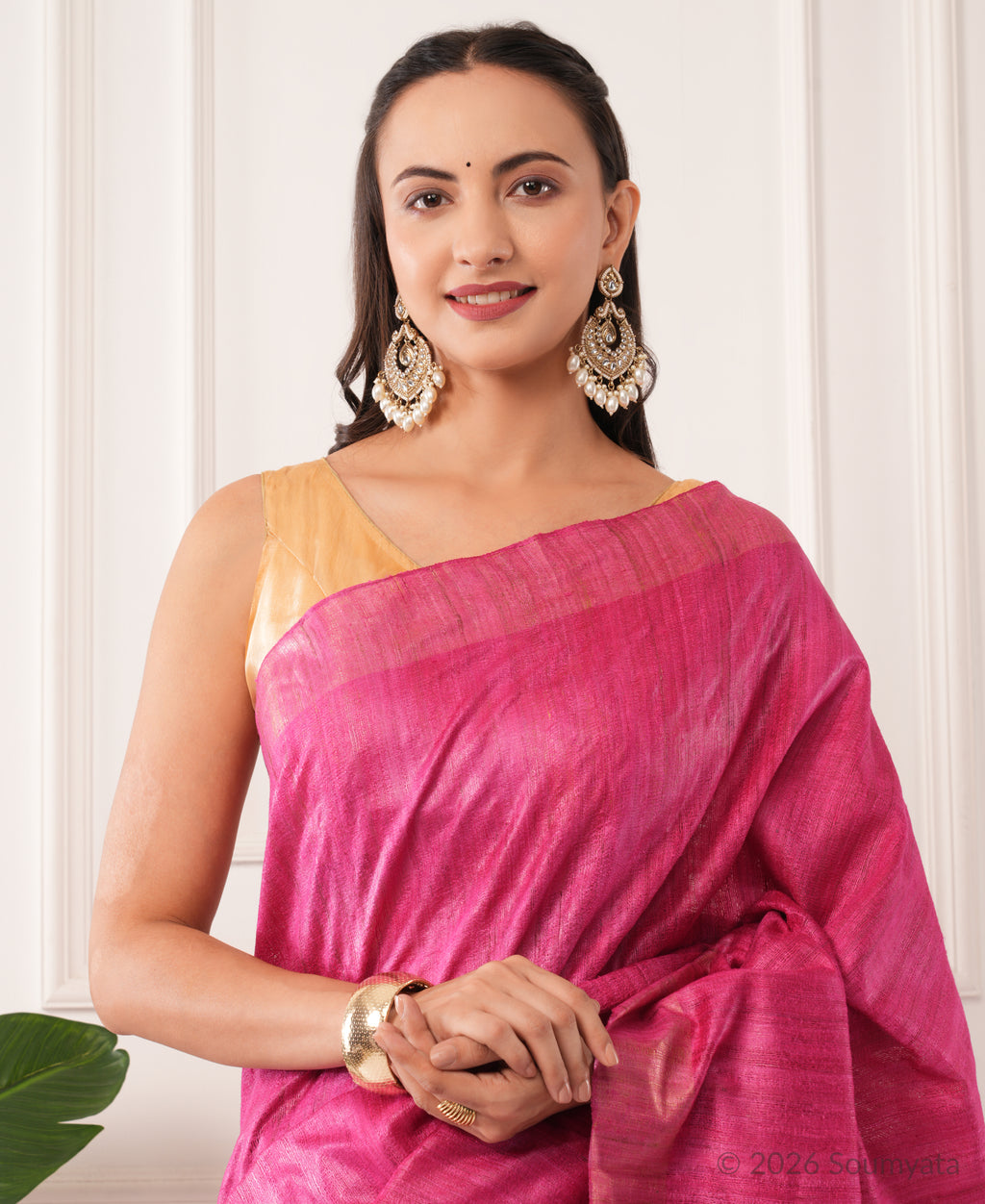 Magenta Tussar Ghicha Silk Saree with Gold Zari Border – Bhagalpuri Handloom