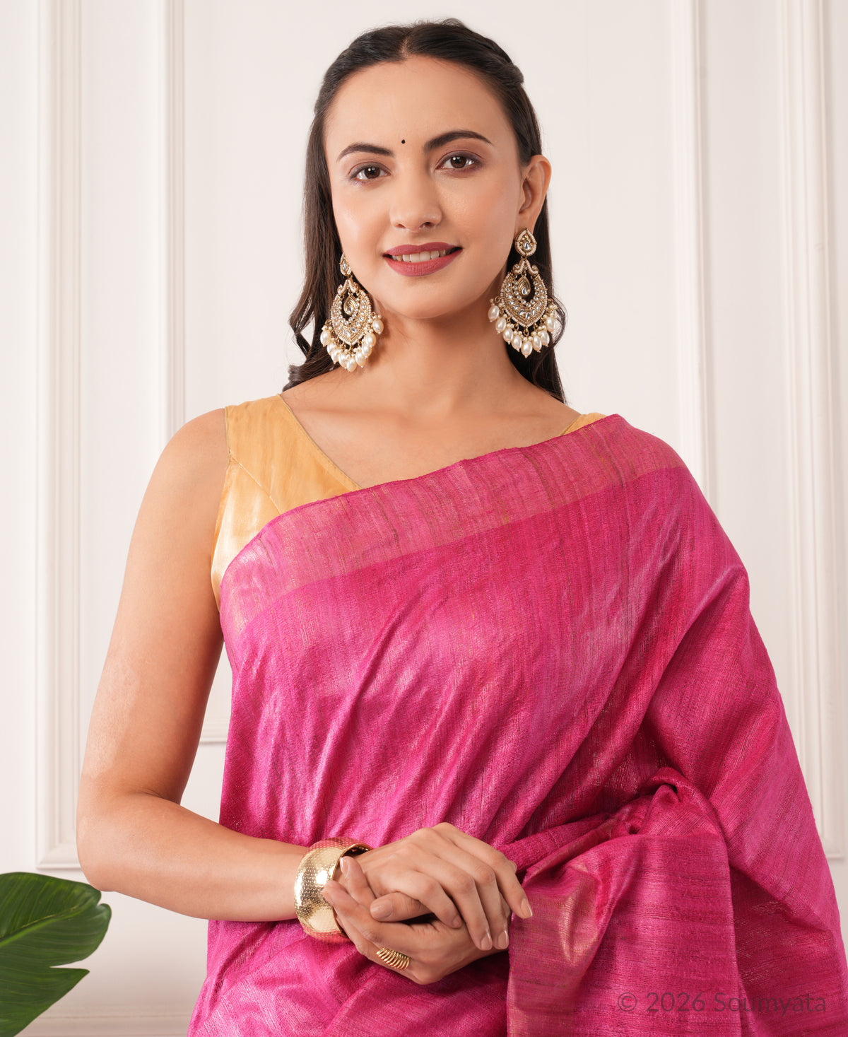 Magenta Tussar Ghicha Silk Saree with Gold Zari Border – Bhagalpuri Handloom