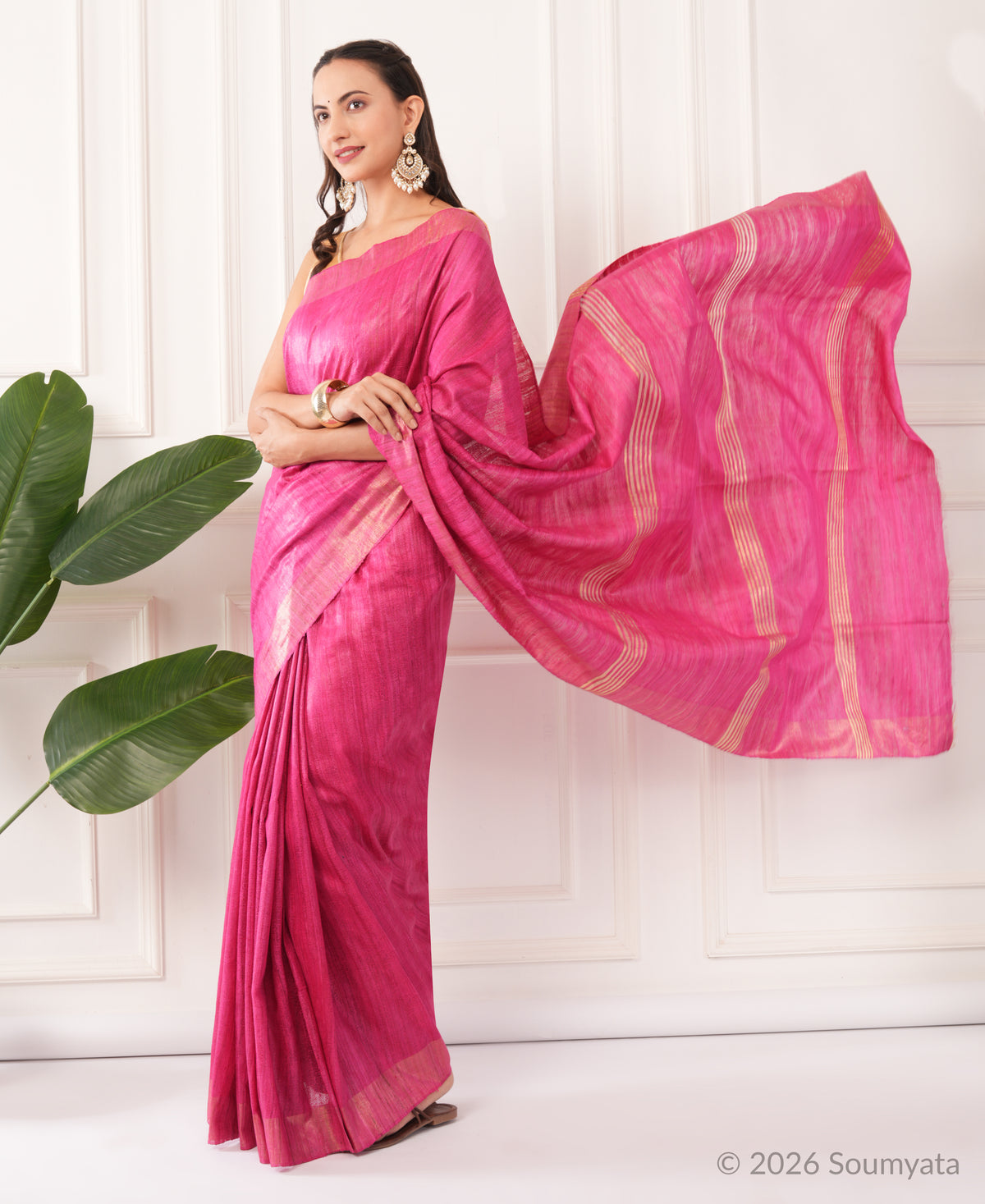 Magenta Tussar Ghicha Silk Saree with Gold Zari Border – Bhagalpuri Handloom
