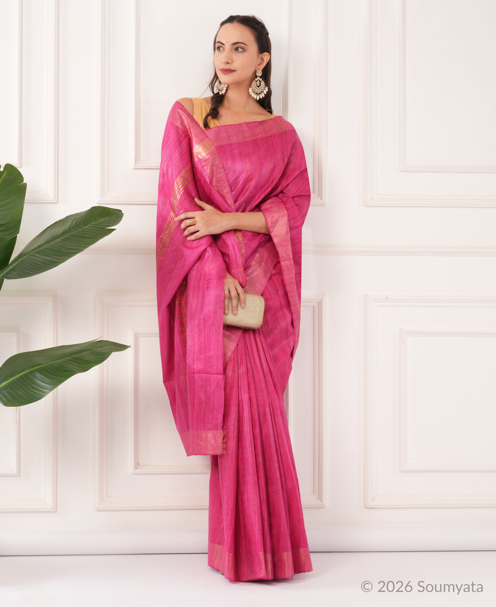Magenta Tussar Ghicha Silk Saree with Gold Zari Border – Bhagalpuri Handloom