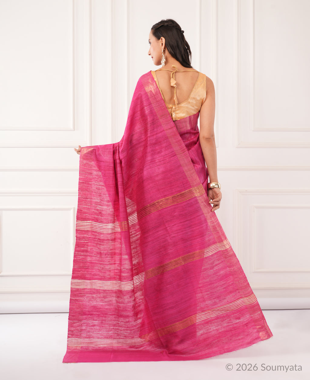 Magenta Tussar Ghicha Silk Saree with Gold Zari Border – Bhagalpuri Handloom