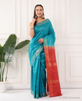 Peacock Blue Tussar Ghicha Silk Saree with Red Pallu – Bhagalpuri Handloom