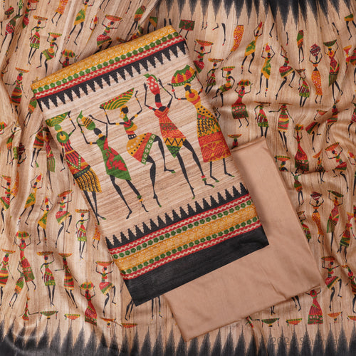 Beige Tribal Art Print Tussar Ghicha Silk Unstitched Suit with Black Border