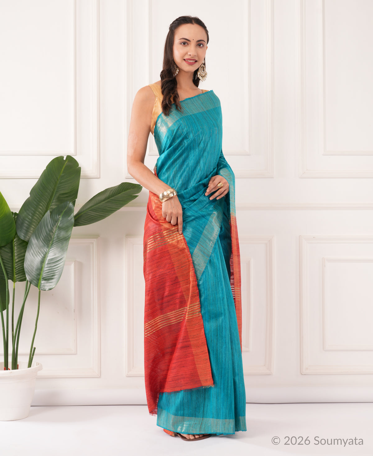Peacock Blue Tussar Ghicha Silk Saree with Red Pallu – Bhagalpuri Handloom