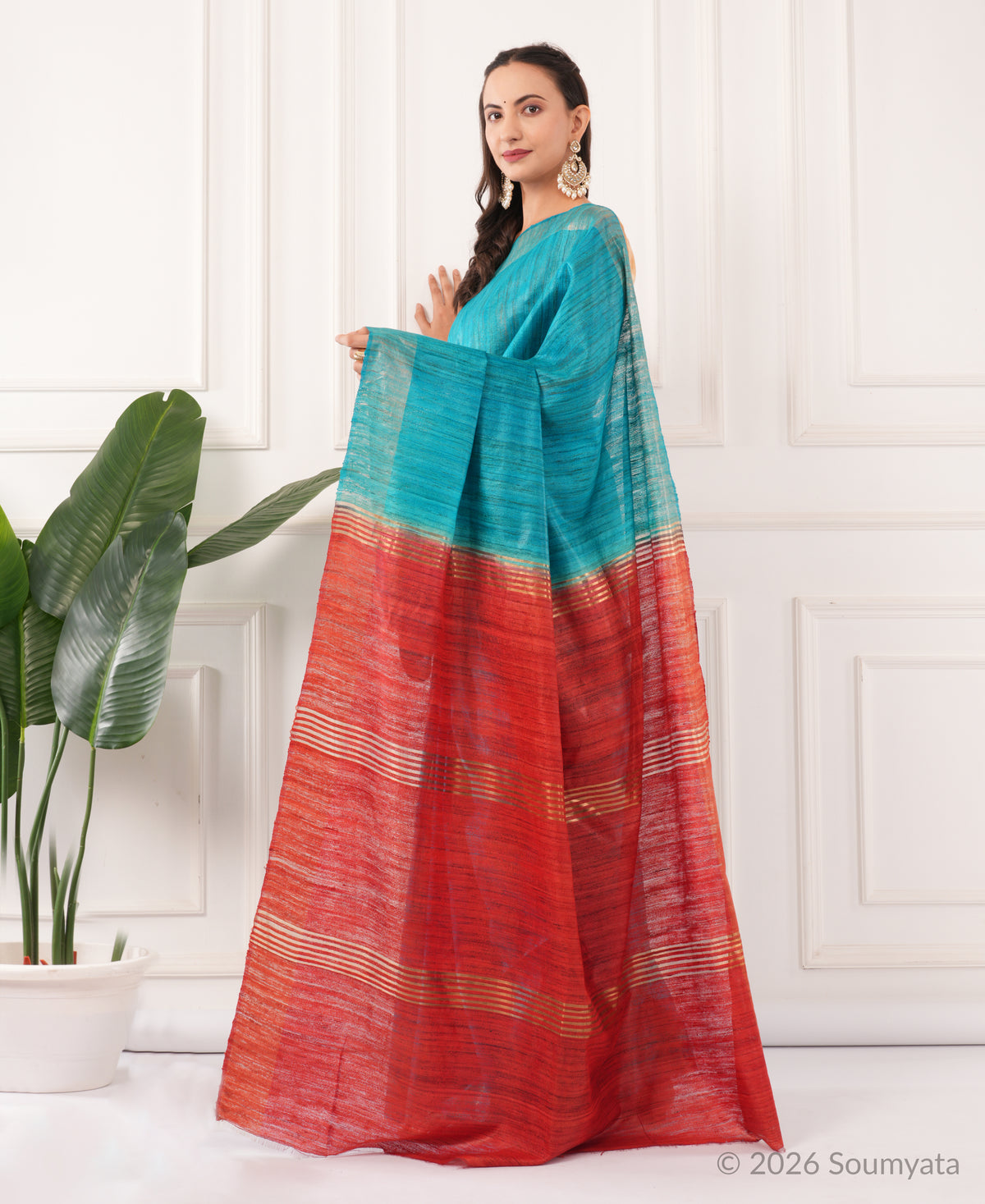 Peacock Blue Tussar Ghicha Silk Saree with Red Pallu – Bhagalpuri Handloom