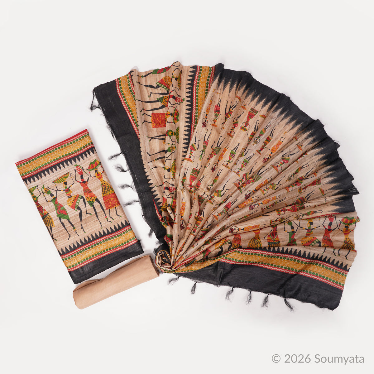 Beige Tribal Art Print Tussar Ghicha Silk Unstitched Suit with Black Border