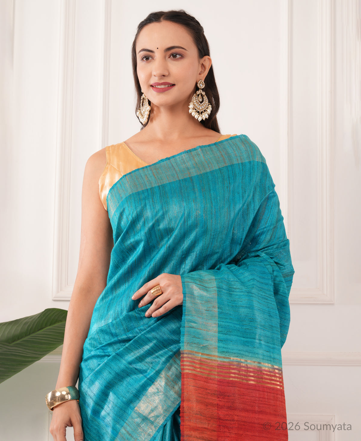 Peacock Blue Tussar Ghicha Silk Saree with Red Pallu – Bhagalpuri Handloom