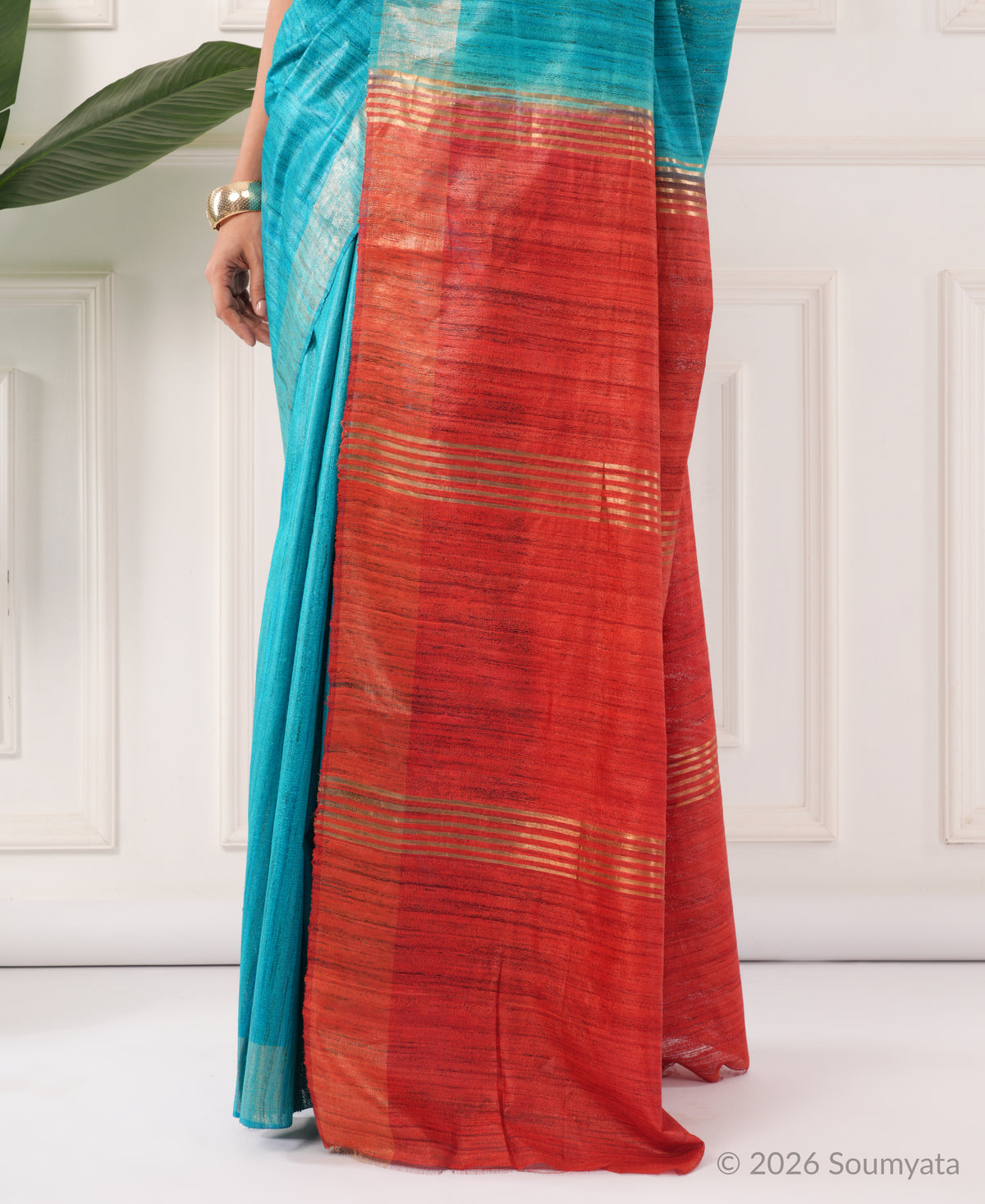Peacock Blue Tussar Ghicha Silk Saree with Red Pallu – Bhagalpuri Handloom