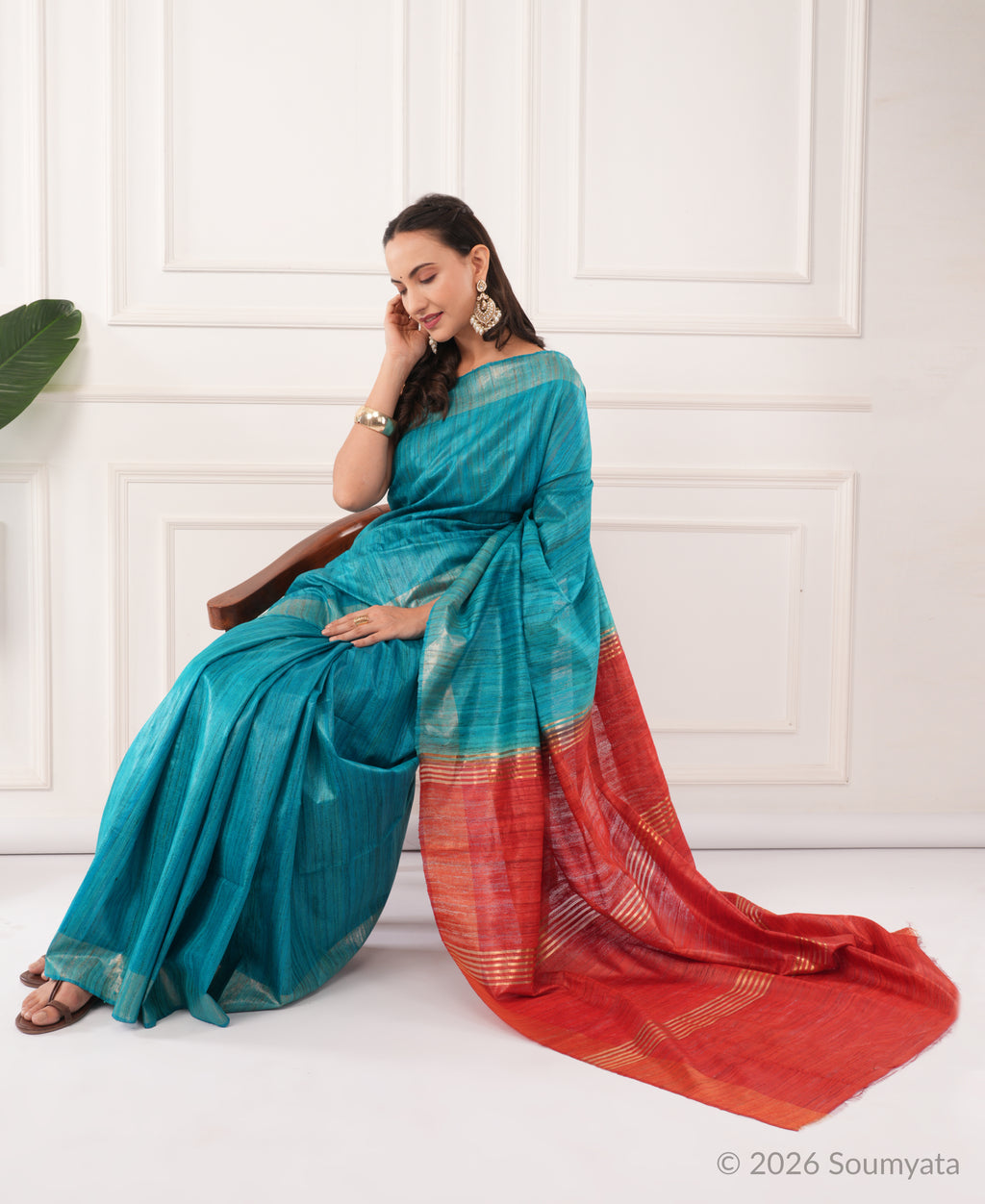 Peacock Blue Tussar Ghicha Silk Saree with Red Pallu – Bhagalpuri Handloom