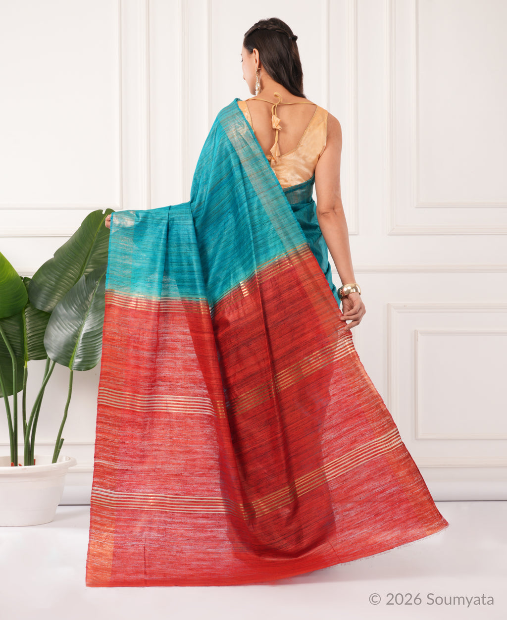 Peacock Blue Tussar Ghicha Silk Saree with Red Pallu – Bhagalpuri Handloom