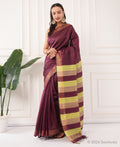 Plum Dupion Silk Saree with Zari Border and Striped Pallu – Bhagalpuri