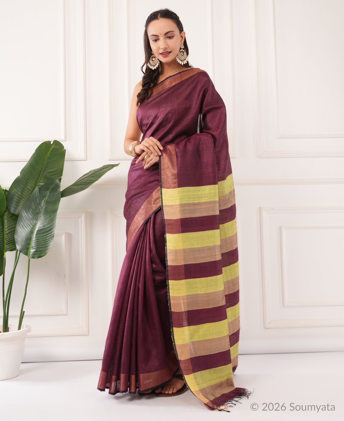 Plum Dupion Silk Saree with Zari Border and Striped Pallu – Bhagalpuri