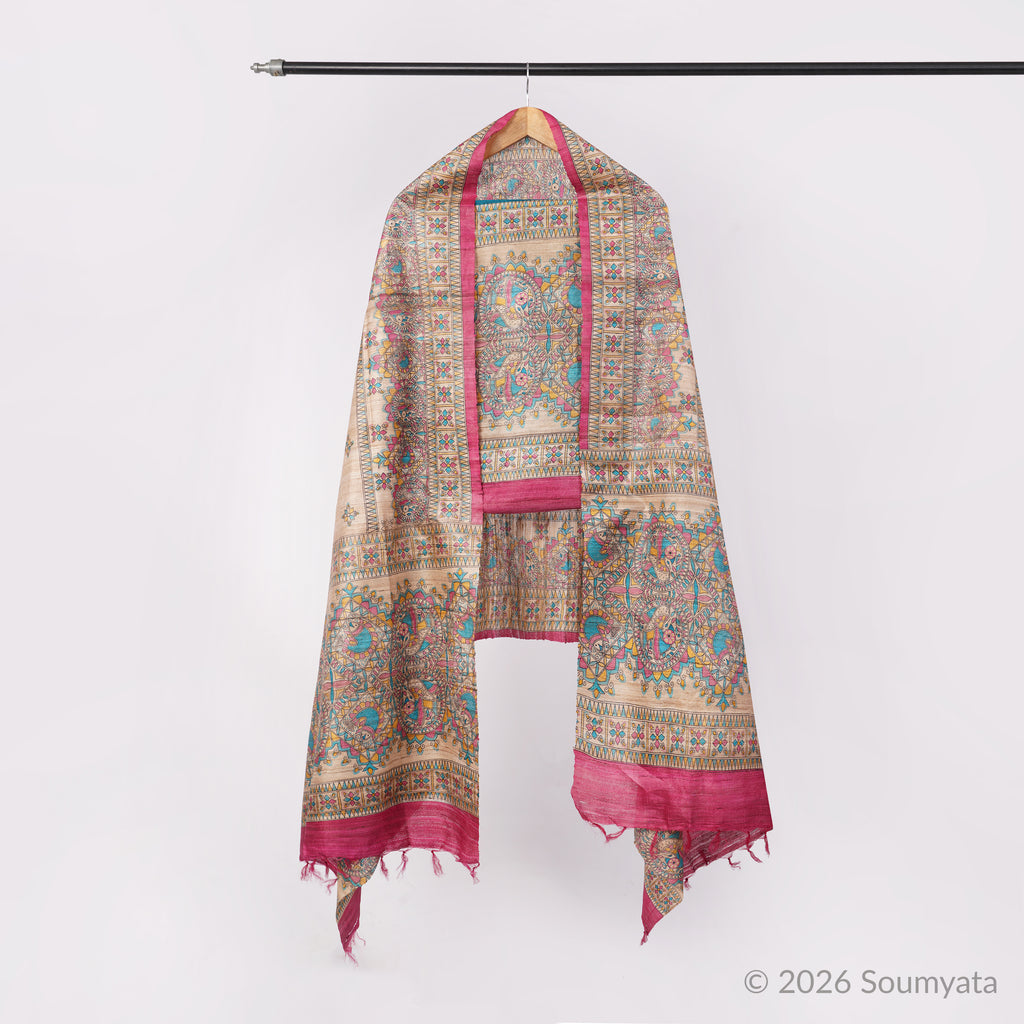 Beige & Magenta Madhubani Print Tussar Ghicha Silk Unstitched Suit