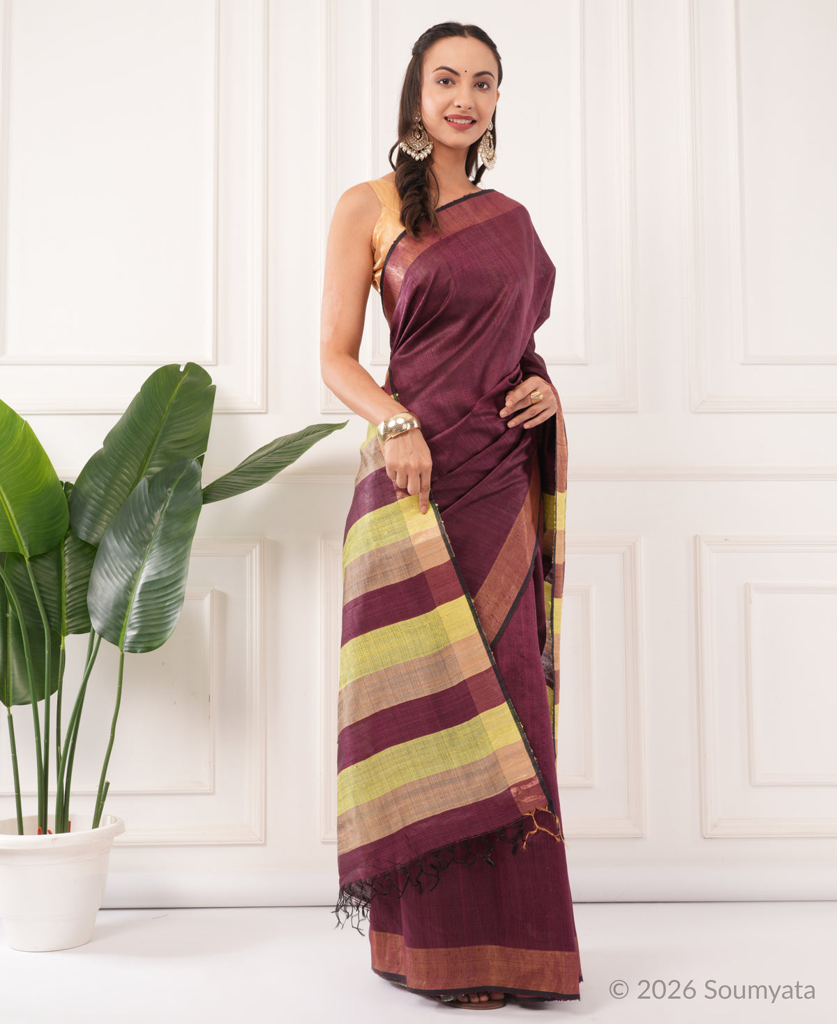 Plum Dupion Silk Saree with Zari Border and Striped Pallu – Bhagalpuri