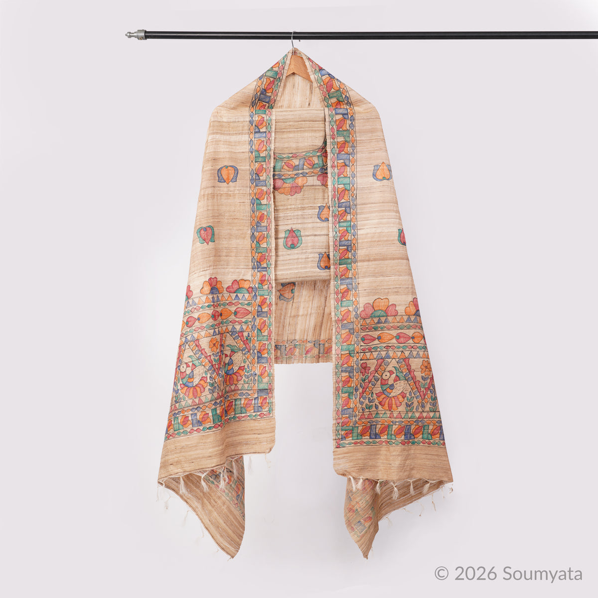Beige & Multicolour Hand Painted Madhubani Tussar Ghicha Unstitched Suit